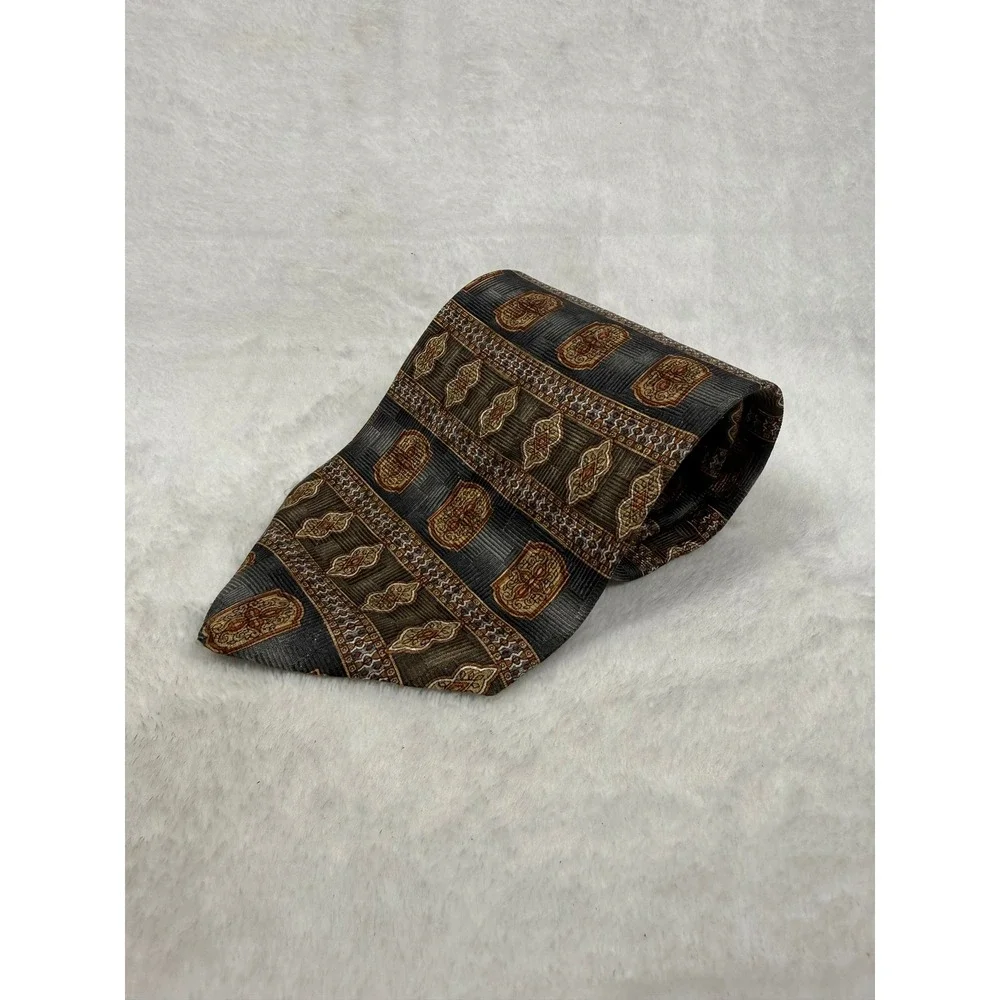 Pierre Balmain Mens Extra Long Silk Tie Grey Gold Geometric Medallion USA Made‎